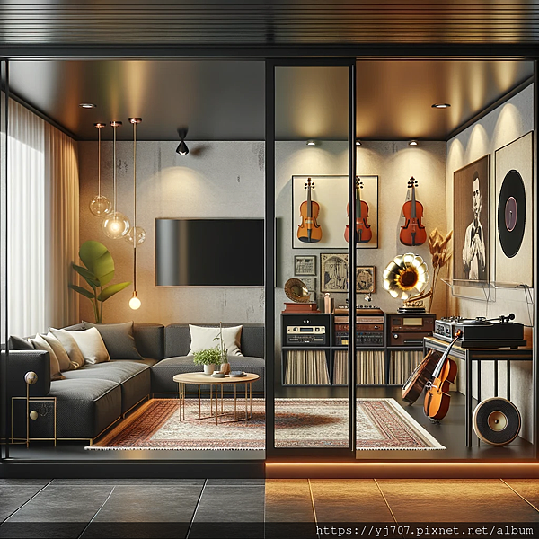 DALL·E 2023-11-03 00.37.53 - Illustration of an elegant living room and music room separated by a sleek black aluminum-framed glass partition door. The living room features a sect.png