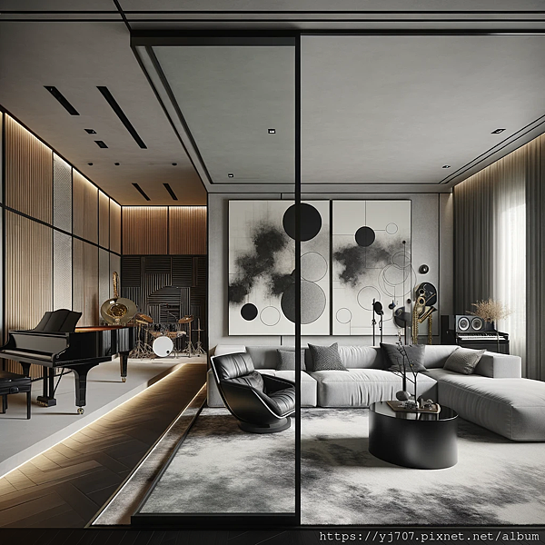 DALL·E 2023-11-03 00.39.20 - A sophisticated interior space where a living room transitions into a music room, delineated by a minimalist black aluminum-framed glass partition doo.png