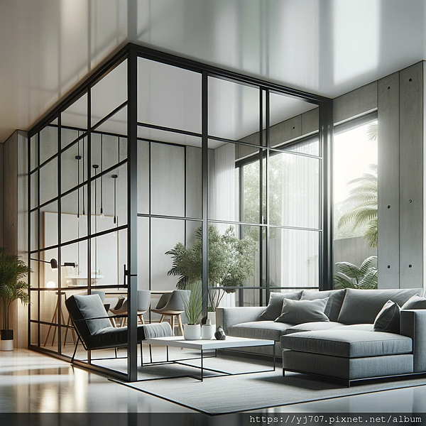 DALL·E 2023-11-03 00.49.31 - Photo of a contemporary living room space featuring a sleek black aluminum-framed glass partition door as the main focus. The room is styled with a mi.png