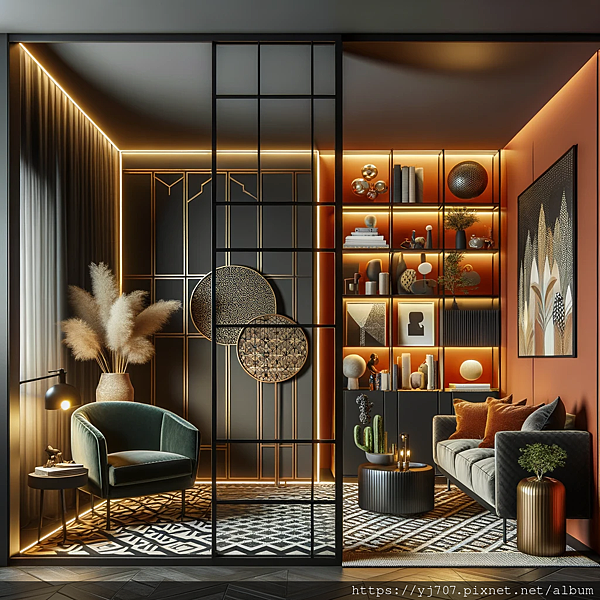 DALL·E 2023-11-03 00.49.36 - Illustration of a modern living room design where the central element is a black ultra-fine aluminum-framed glass partition door. The interior showcas.png