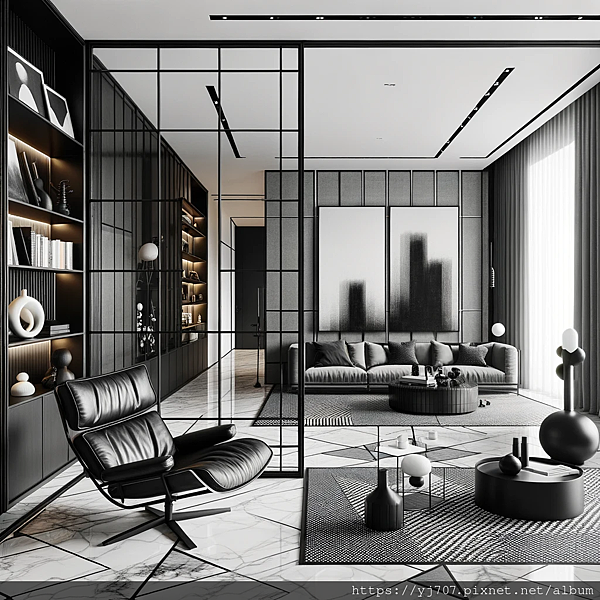 DALL·E 2023-11-03 00.55.50 - In the design of a living room, the central feature is a black ultra-fine aluminum-framed glass partition door that stands out against the contrasting.png