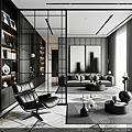 DALL·E 2023-11-03 00.55.50 - In the design of a living room, the central feature is a black ultra-fine aluminum-framed glass partition door that stands out against the contrasting.png