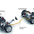 圖11 全新A6 hybrid油電複合動力車配備的鋰電池組置於車後行李廂下方的防撞區域中，這組精巧的輕量化電池系統由72顆鋰電池所組成，於266伏特時能輸出最大功率54hp（40KW），耗電量為1.3kWh，總重36.7kg，體積僅26L。