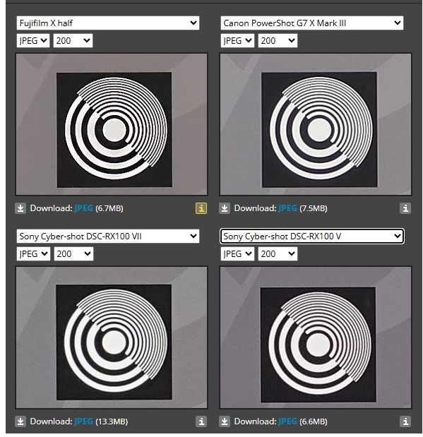 使用dpreview網站的範例卡在不同焦段的相機上無法比較邊
