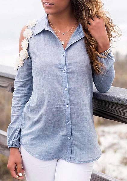 Light Blue Long Sleeve Polo Neck Floral Loose Blouse.jpg