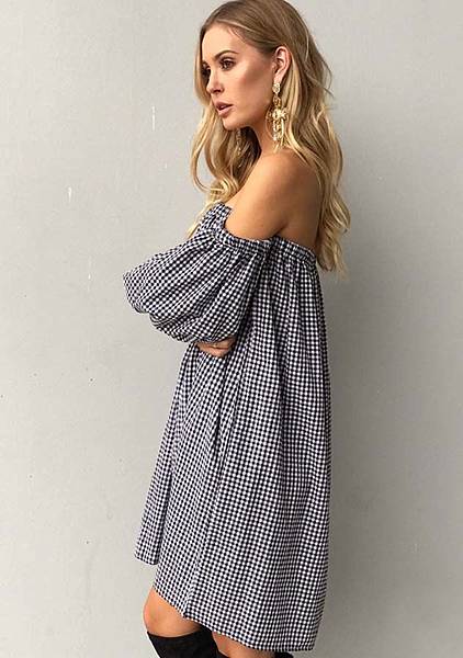 Off Shoulder Sexy Short Sleeves Mini Tartan Dress.jpg